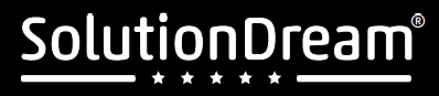 Logo von SolutionDream mit fünf Sternen und weißer Schrift auf schwarzem Hintergrund.