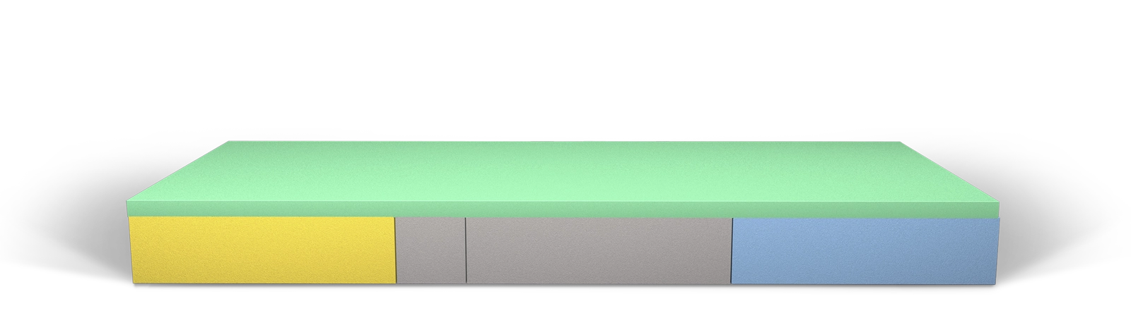Bunte rechteckige Matratze mit mehreren farbigen Schichten aus Schaumstoff im Querschnitt.